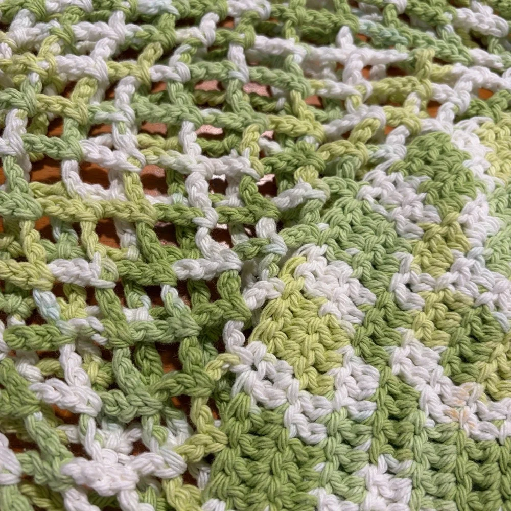 Handmade‎ Crochet Market Bag Green White Variegated Mesh Net Tote Boho Cotton